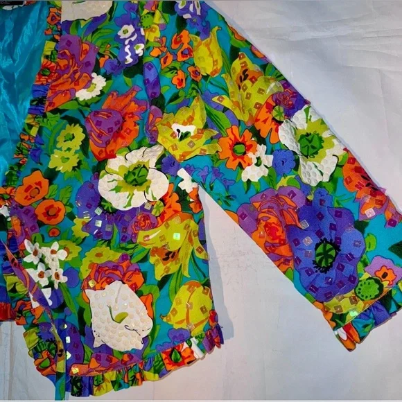 REDD Jeans Vintage Floral Sequin Cropped Jacket Ruffle Trim Festival Retro SZ 10 - Picture 3 of 9